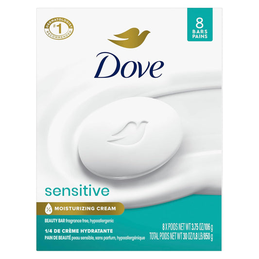 Dove Beauty Bar Soap Sensitive, 8 Bars for Sensitive Skin, Fragrance Free